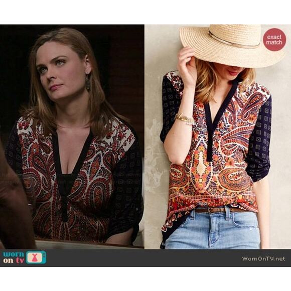 Anthropologie Tiny Blue Persian Pear Paisley Split Neck Mixed Media Boho Top S - Picture 2 of 8